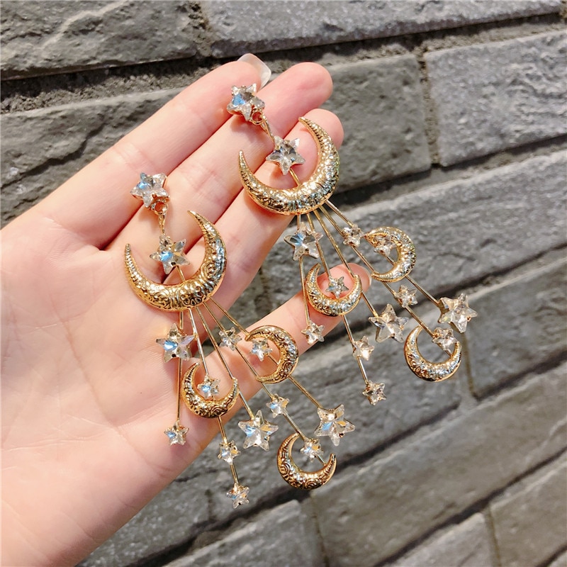 Silver Needle Star and Moon Stud Earrings