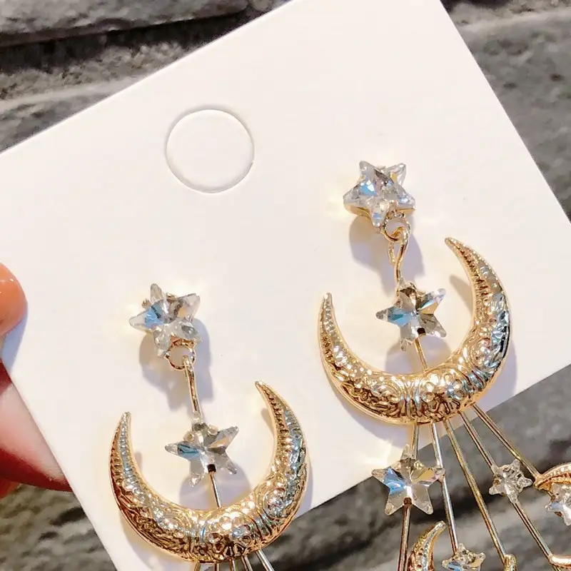 Silver Needle Star and Moon Stud Earrings