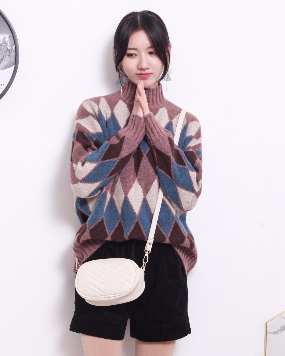  spring new women's sweater diamond lattice pullover long-sleeved o- neck fashion casual sweater