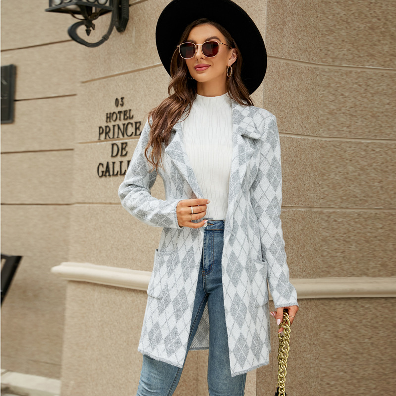 Long Sweater Contrast Houndstooth Knit Cardigan Trench Coat Light Grey Rhombus - Shop at LoveMi