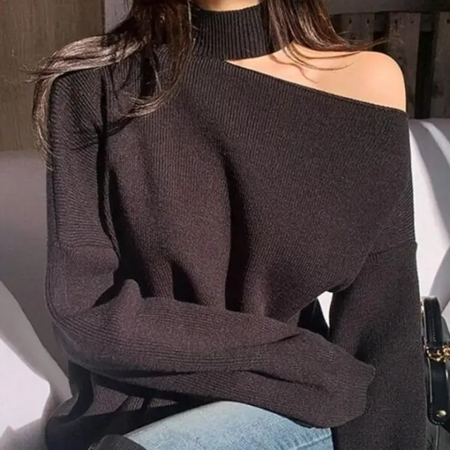 Side leaky shoulder knitted sweater Black - Shop at LoveMi