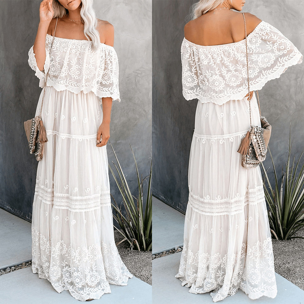 Elegant high waist one-shoulder lace dress long skirt