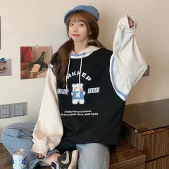 Fake two-piece hooded sweater women - Black - View 1