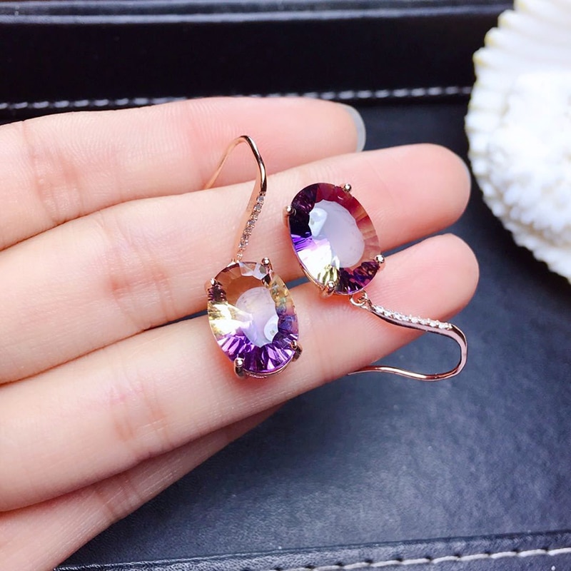 Natural purple yellow crystal earrings
