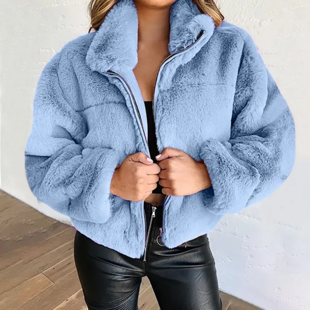 Women's plush short coat with stand up collar zipper cardigan Blue - Shop at LoveMi
