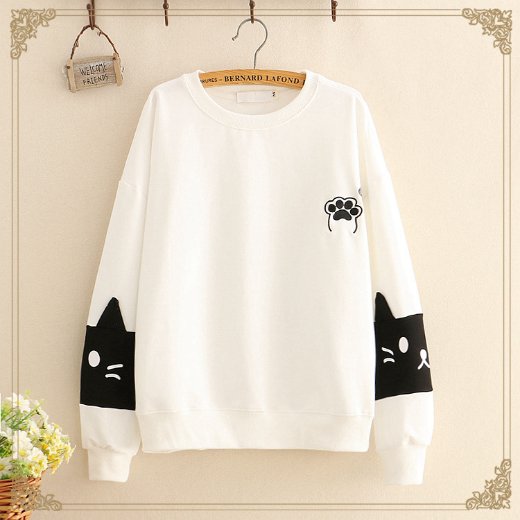 Cat paw color block round neck thin sweater