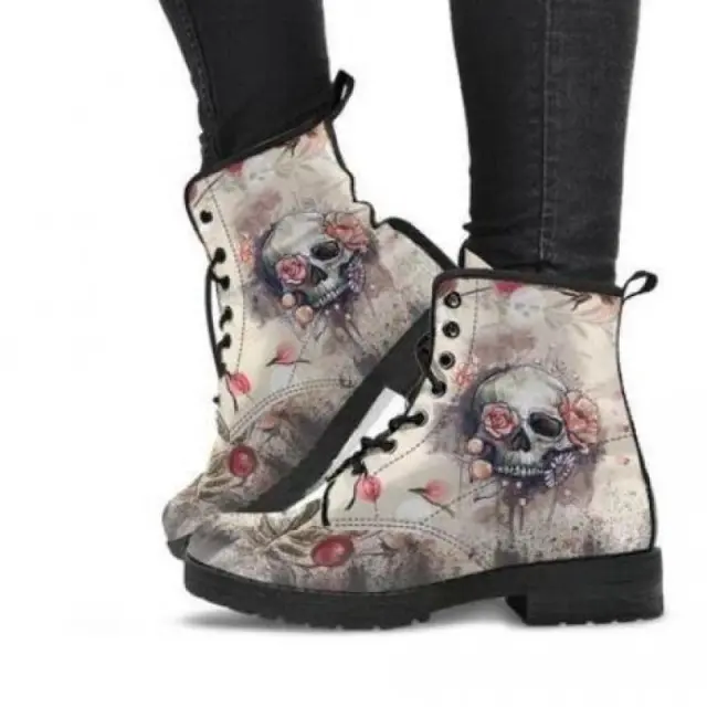 Women Ankle Boots Low Heels Shoes Woman Vintage Pu Leather Autumn Warm Winter high Snow Boots Motorcycle Skull Pansy Skull 38 - Shop at LoveMi