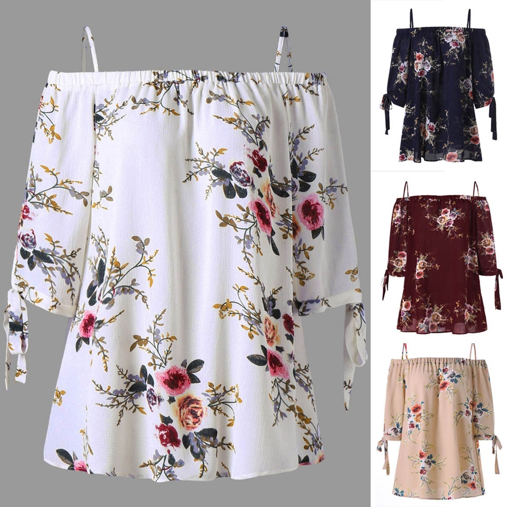Spring and summer women's broken flower shoulder top