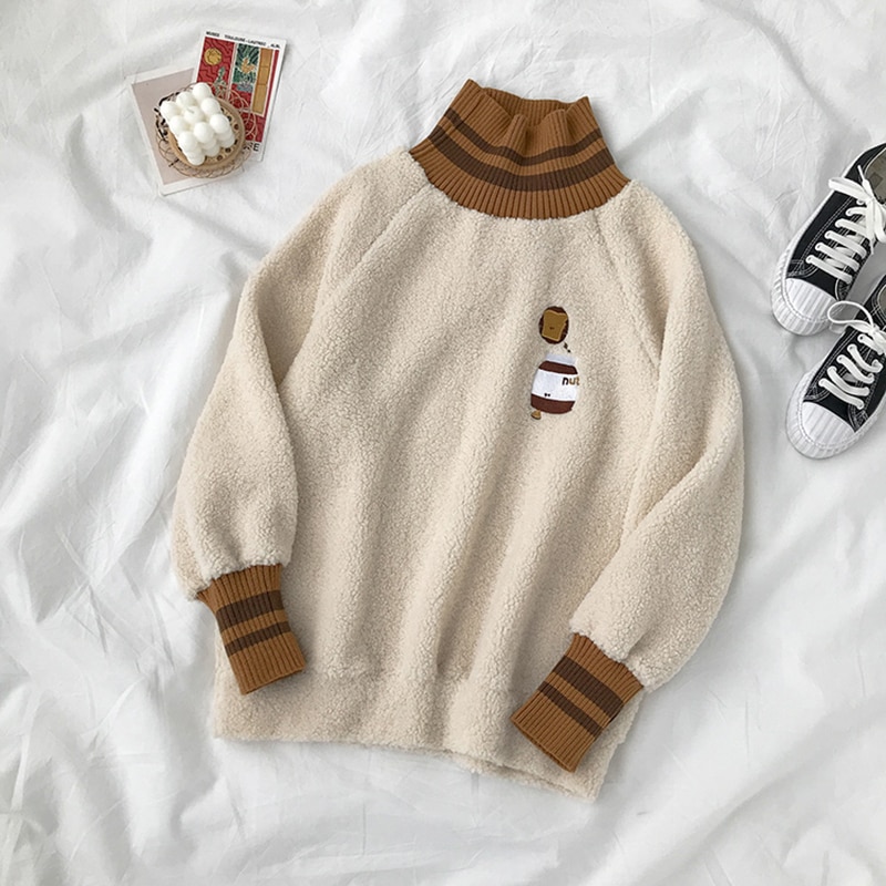 Embroidered high neck pullover loose long sleeve sweater