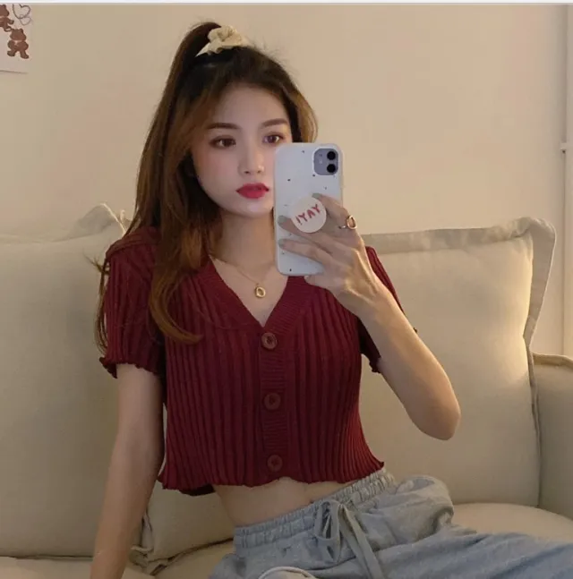 Knitted crop top with wood ears Wine Red - Shop at LoveMi