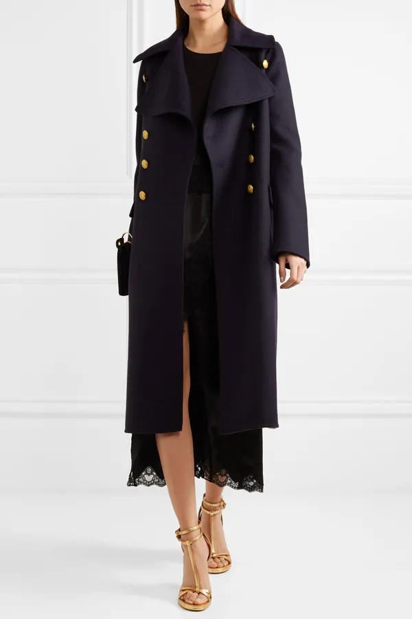 Military style chic double breasted loose profile woolen coat Tibetan Blue - Shop at LoveMi