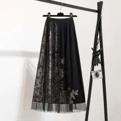 High Waist Floral Mesh Skirt - 13Black - View 1