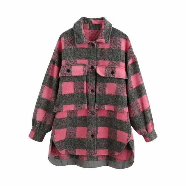 Euramerican pocket embellished Plaid Shirt coat Pink - Shop at LoveMi