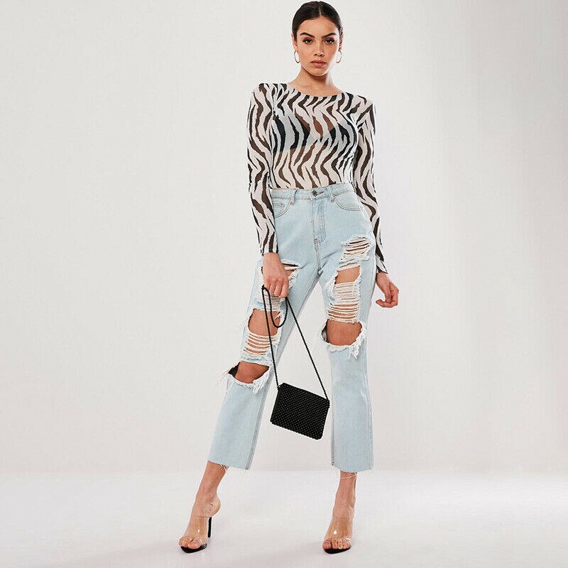 Long-sleeved T-shirt with irregular stripes and mesh print