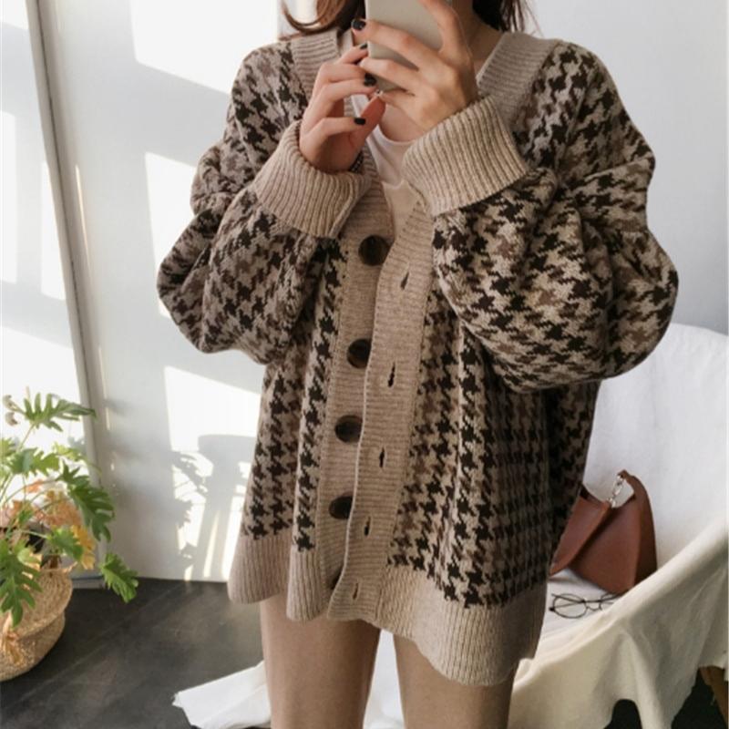 Fashion retro houndstooth cardigan forest sweater