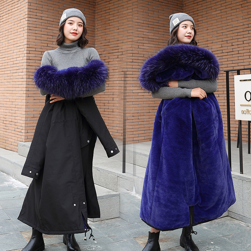 Large fur collar down padded jacket Blue - Shop at LoveMi
