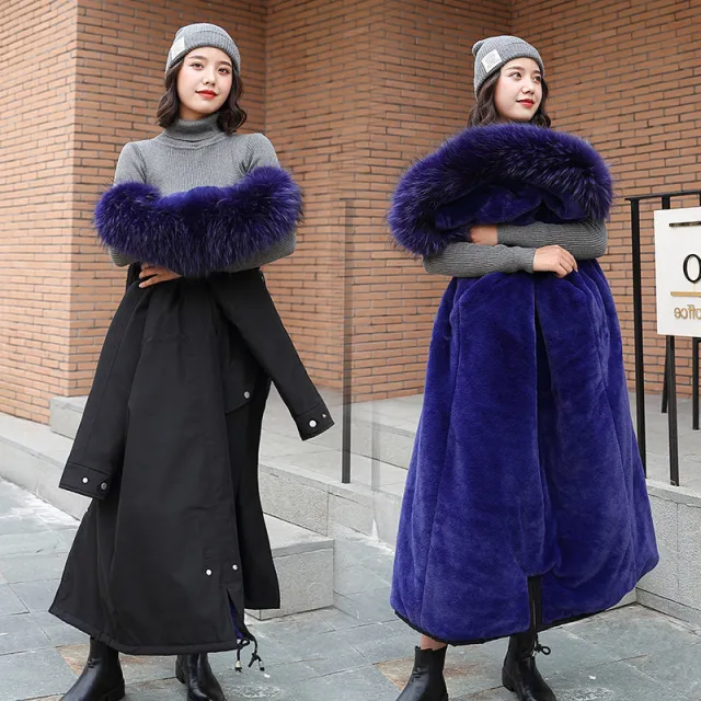 Large fur collar down padded jacket Blue - Shop at LoveMi