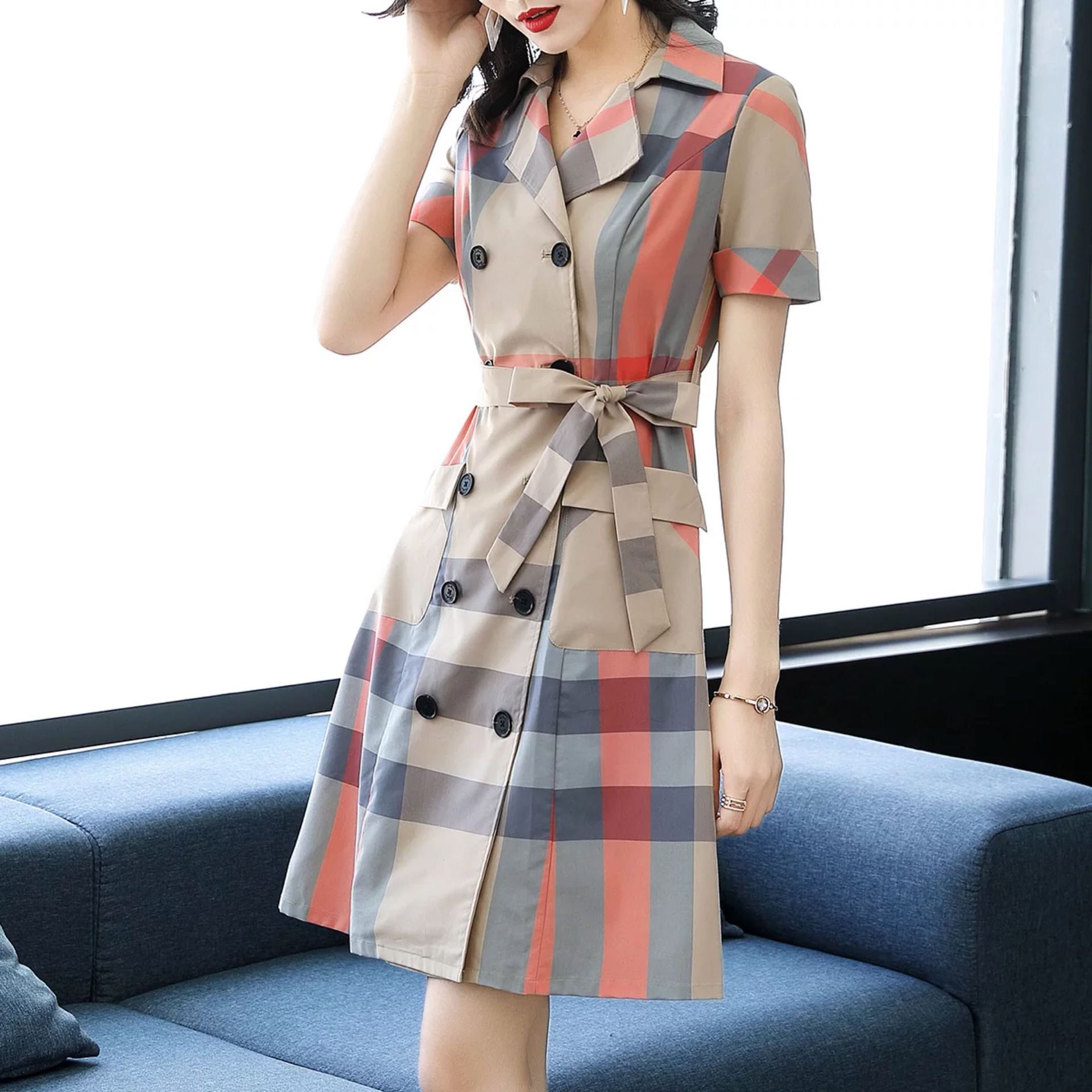 Plaid double breasted shirt dress