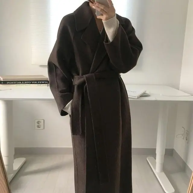 Double sided woolen mid length loose and lazy woolen woolen coat Brown - Shop at LoveMi
