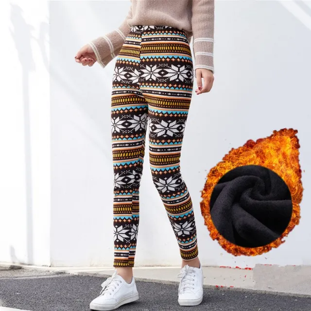 Snowflake deer lamb wool plus fat mid high waist stretch leggings Orange - Shop at LoveMi