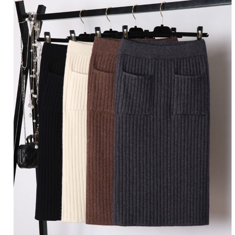 Pocket straight one-step skirt mid-length woolen skirt
