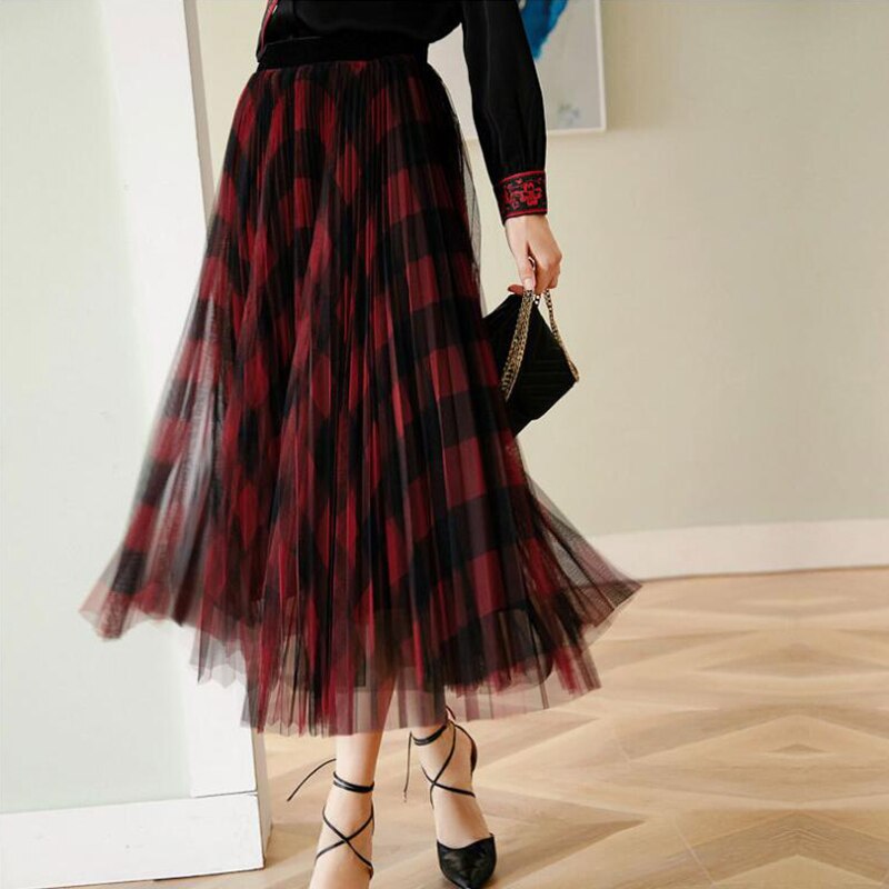 High waist draped pleated plaid mesh skirt