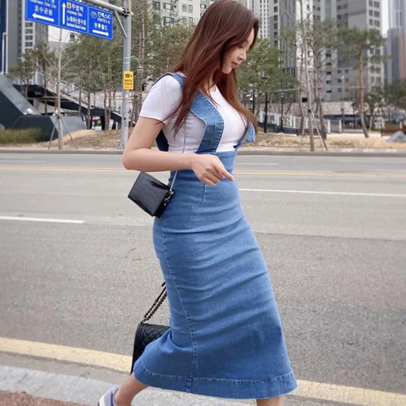 New casual style mid-length split denim skirt - Blue