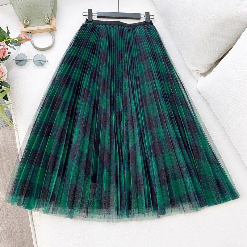 High waist draped pleated plaid mesh skirt Green - Shop at LoveMi