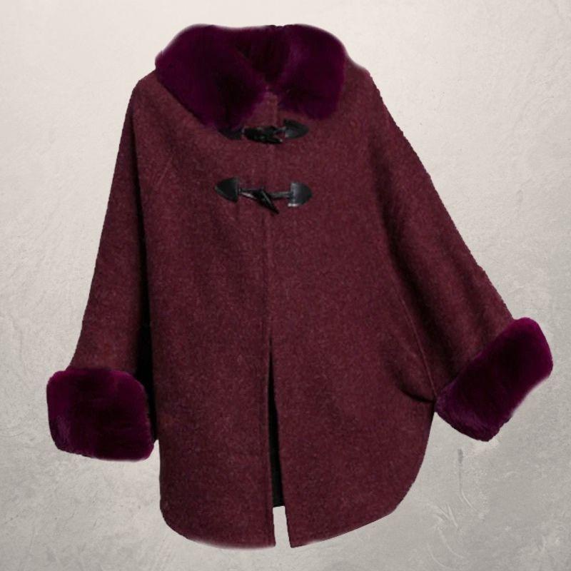 European and American autumn and winter new style rex rabbit fur collar double leather buckle knitted cardigan cloak shawl woolen coat women Maroon - Shop at LoveMi