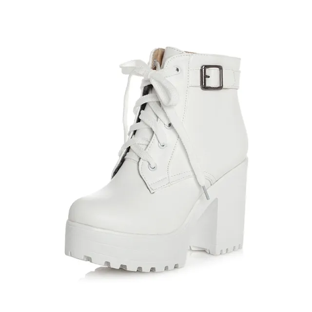 Sponge cake chunky heel plus size lace up Martin boots White - Shop at LoveMi