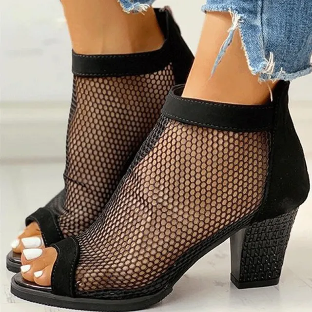 Large size thick heel mesh zipper sandals women Black - Shop at LoveMi