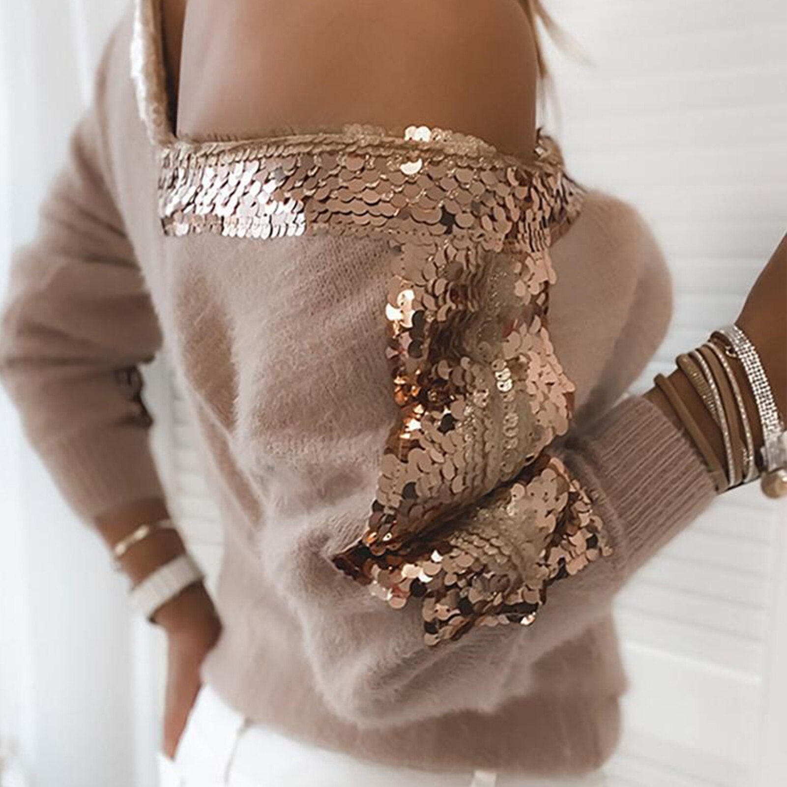 European and American new v-neck long-sleeved top