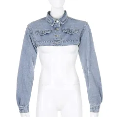 Fashion casual buttoned loose short denim top - Blue - View 1