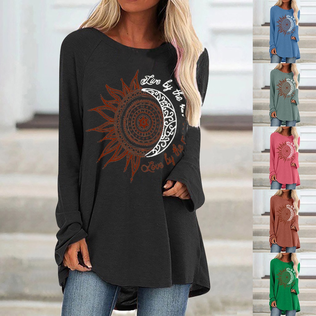 Loose round neck sun flower letter print long sleeve T-shirt