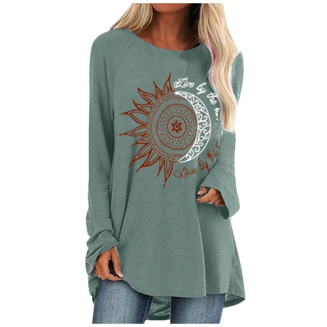 Loose round neck sun flower letter print long sleeve T shirt Grey - Shop at LoveMi