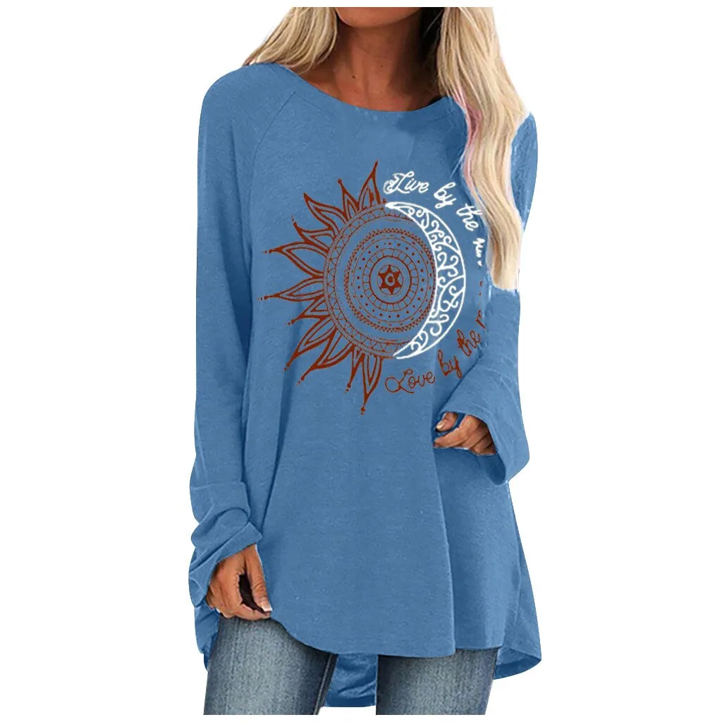 Loose round neck sun flower letter print long sleeve T-shirt - Blue