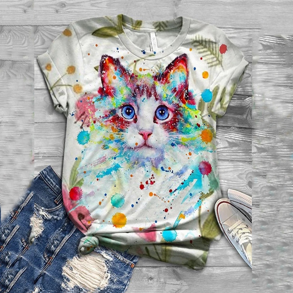 Animal Print Short Sleeve T-Shirt Doodle cat
