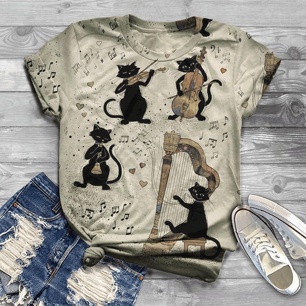 Women's lyre cat print comfortable round neck short sleeve
