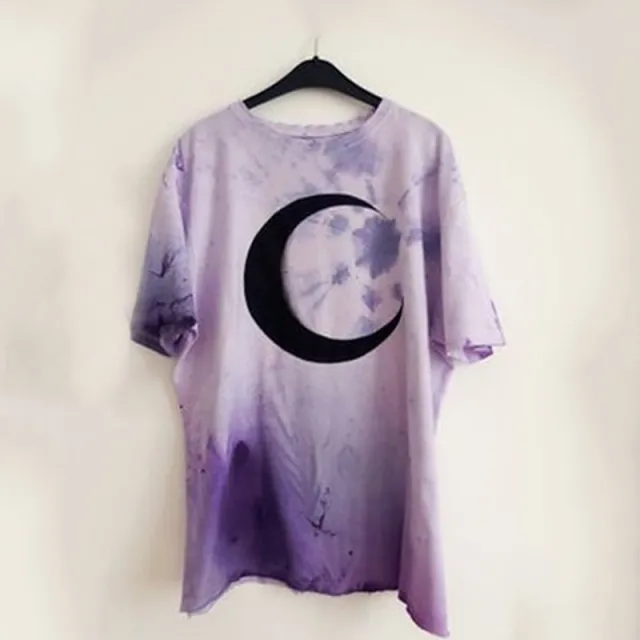 Moon print short sleeve round neck T shirt Purple - Shop at LoveMi