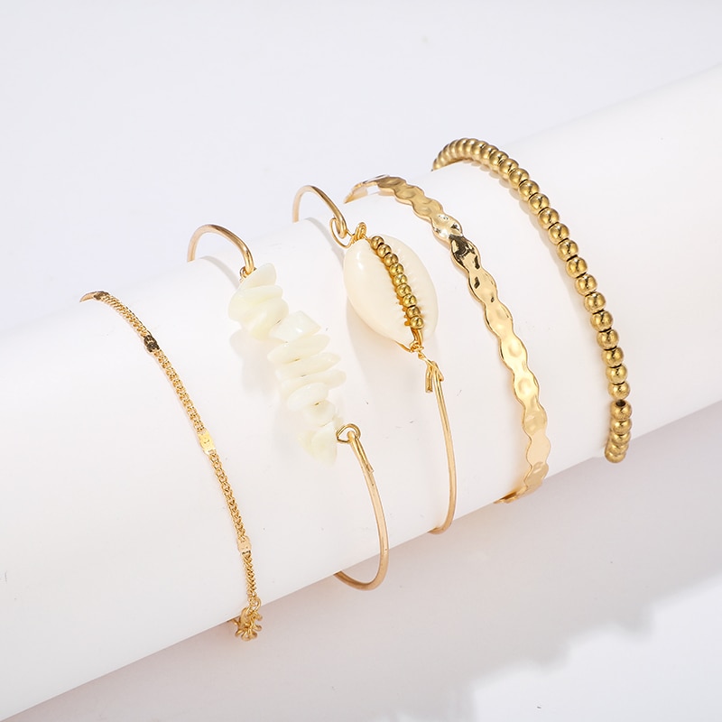 5pcs/sets Gold Beaded Bracelets White Natural Stone Bohemian Beach Shell Brangles