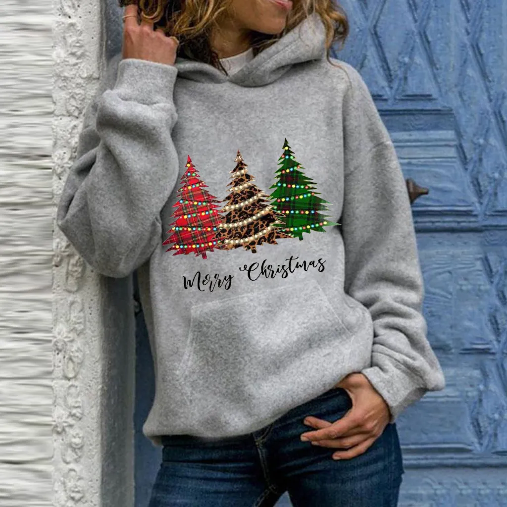 Christmas Merry Christmas Christmas tree hooded sweater large size loose top - Grey