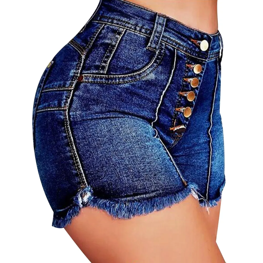 High-waisted dark blue hot pants with frayed edges - Blue