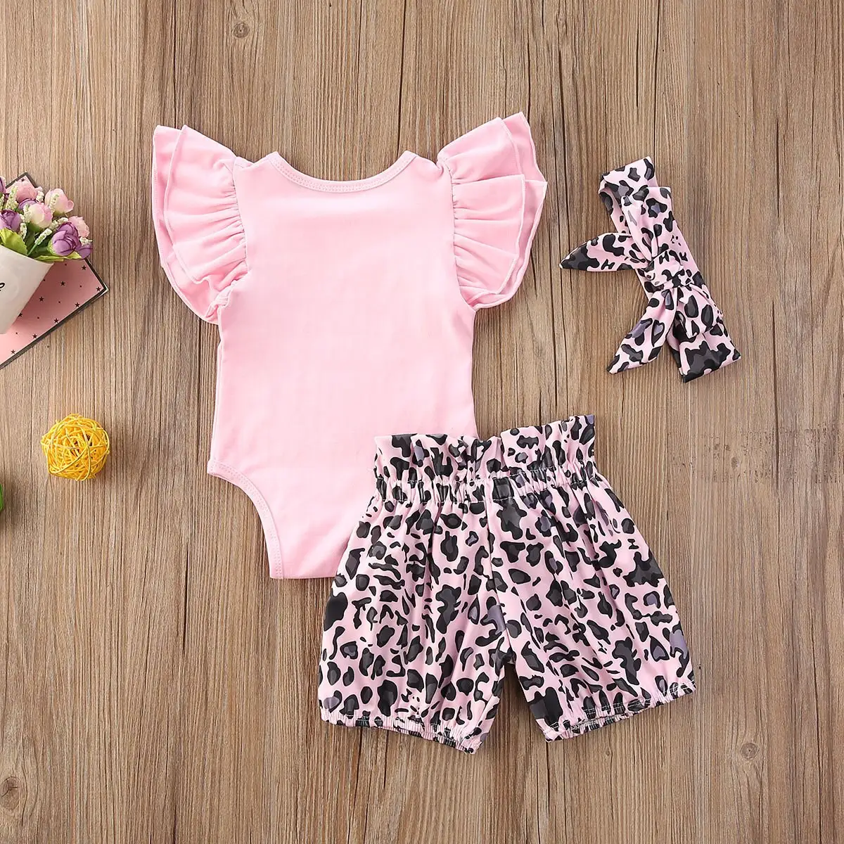 Girls short-sleeved leopard print pants three-piece suit