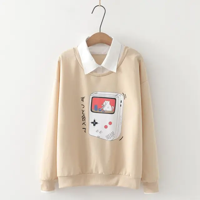 Two piece female student sweater with printed lapel Khaki - Shop at LoveMi