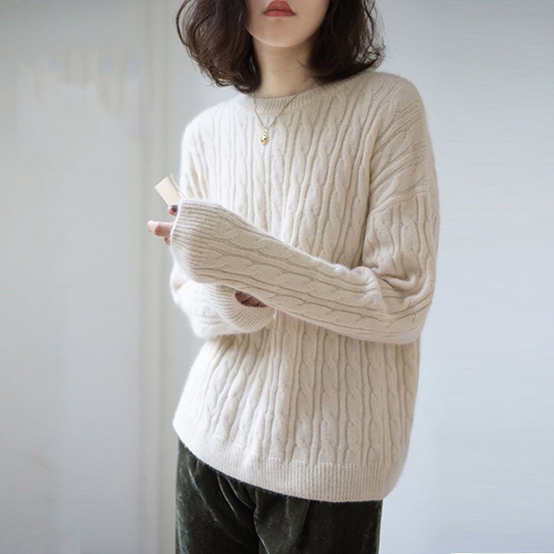Round neck loose linen pattern sweater