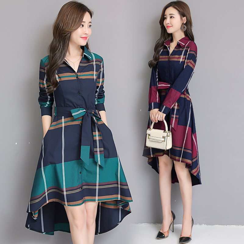 Women's irregular plaid shirt waist dress