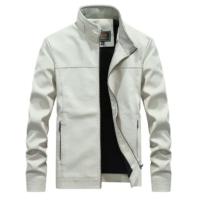 Stand-up collar solid color large size leather men's jacket