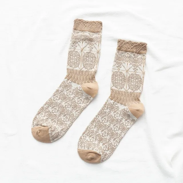 Retro pattern women's socks ethnic style flower socks Khaki - Shop at LoveMi