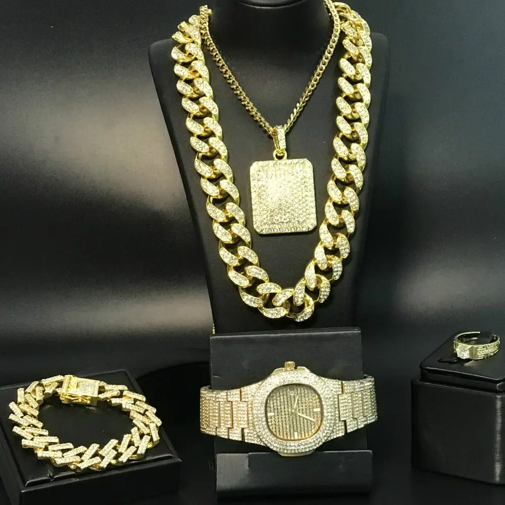 Hiphop Full Diamond Cuban Necklace Men Set