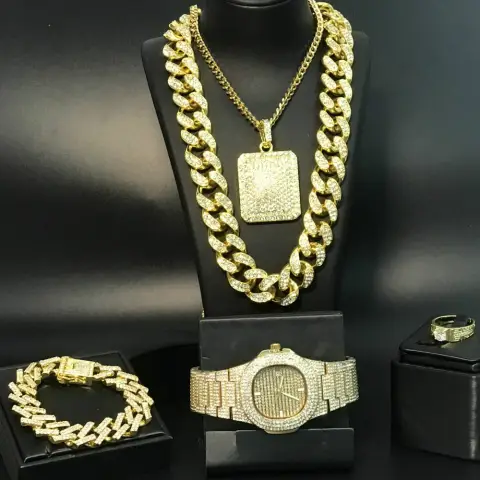 Hiphop Full Diamond Cuban Necklace Men Set